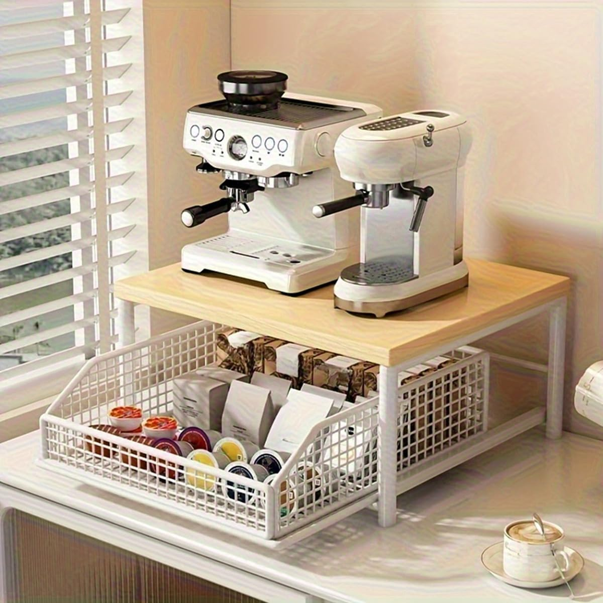 Jindanju Sturdy Hardwood Shelf for Coffee Maker-Space-Saving Kitchen Countertop Organizer with Drawer& Wire Basket Black image number 1
