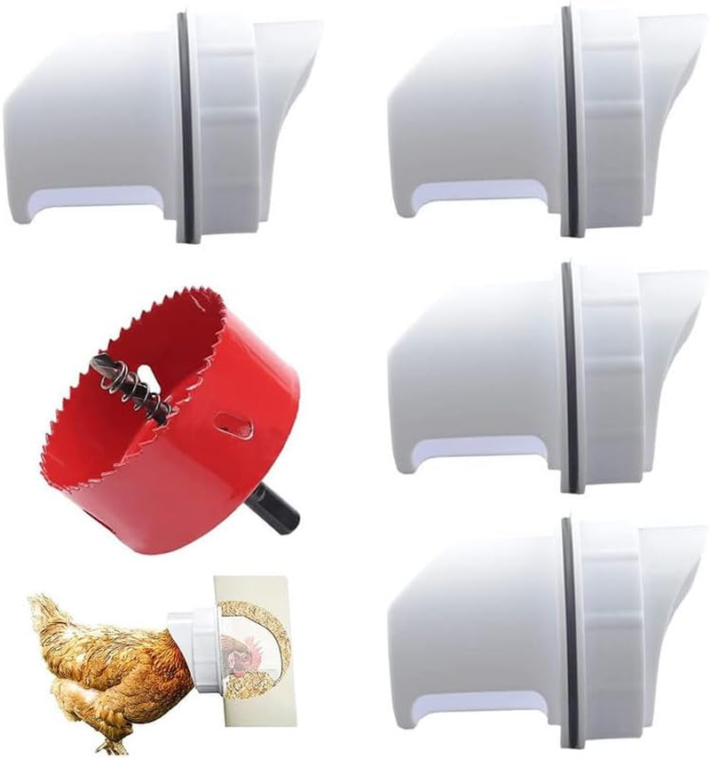 Chicken Feeder Kit,Automatic Poultry Feeder Ports Kit, No Waste Waterproof Feeder Ports Kit 4 Ports 1 Hole Saw with Covers for Buckets, Bins, Troughs image number 3