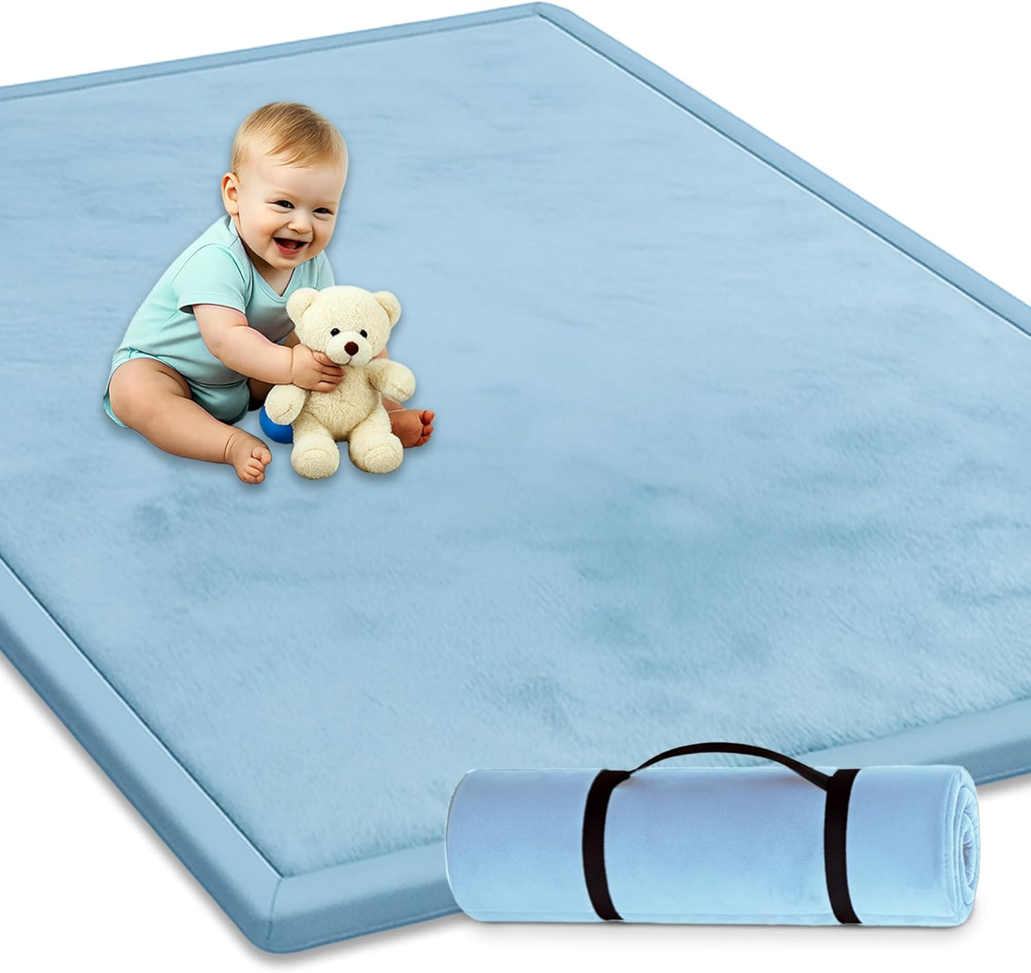 Baby Play Mat 150X200Cm, Extra Thick 3.5Cm Mellow Memory Foam Tatami Muscle Mat, Non-Slip, Water-Repellent Velvet Rug for Nursery, Crawling & Tummy Time, Elastic Strap Included