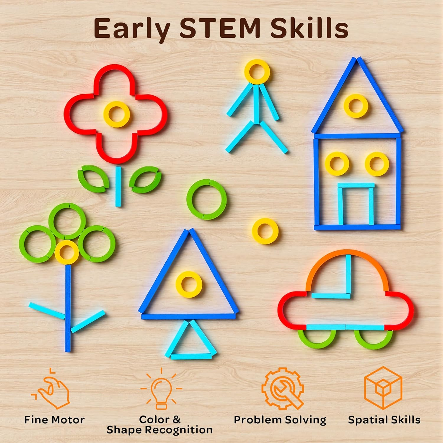 Montessori Smart Sticks and Rings Set with Challenge Cards, 120PCS Creative STEM Kit with Wooden Pattern Blocks for Kids, Preschool Learning Activities and Classroom Use image number 2