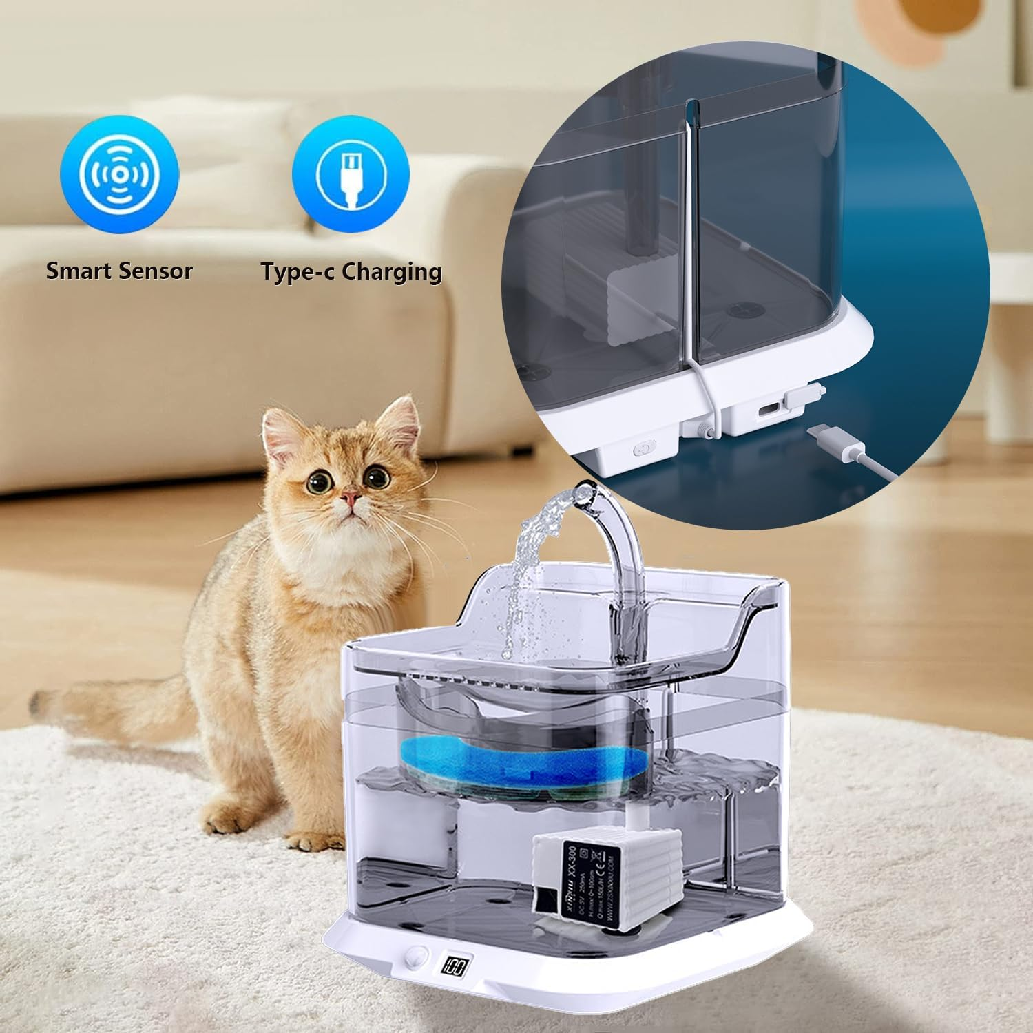 Cat Water Fountain, 2L Automatic Cat Fountain, Pet Water Fountain with Motion Sensor, Filters and Ultra Quiet Pump, for Large Dogs and Small to Medium Animals image number 3