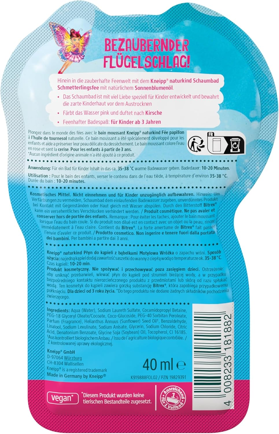 Kneipp Naturkind Butterfly Fairy Bubble Bath - Bath Additive with Cherry Fragrance - for Sensitive Children'S Skin - 40 Ml image number 1