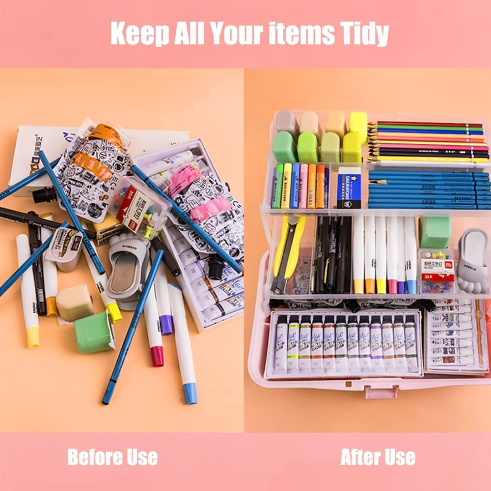 FOREVERIE 3-Tier Empty Luggage Cosmetic Case Large, Transparent Portable Makeup Storage Box, Multifunctional 3-Layer Plastic Tool Box for Barber, Cook, Baker, Nail Artist, Beauty Practitioners (Pink) - Pink image number 4