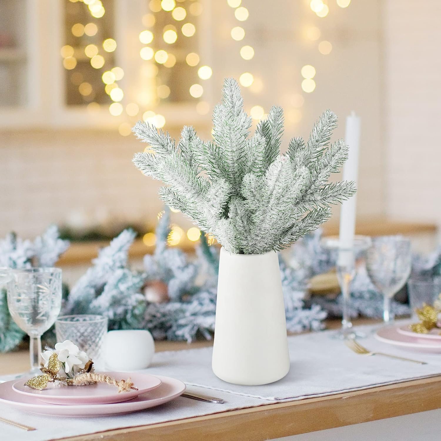 Jutom 30 Pcs Christmas Tree Picks Snow Frosted Pine Branches Christmas Artificial Pine Branches Faux Greenery Stems for DIY Garland Crafts Winter Tree Decorations image number 1