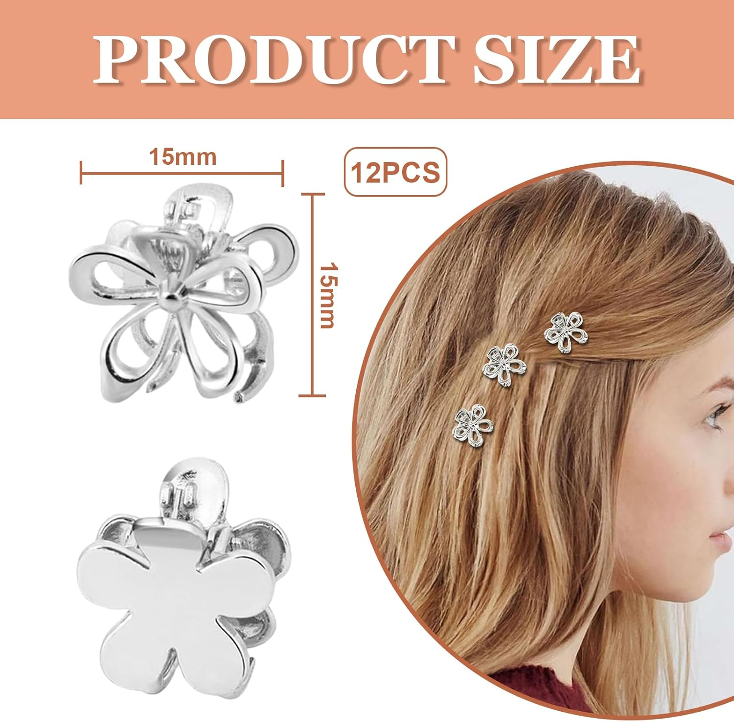 Mitdir Small Metal Hair Claw Clips, 12 Pieces Silver Mini Hair Clips, Non-Slip Pony Pins, Small Flowers Hair Pine Clips, Cute Tiny Hair Clips image number 5