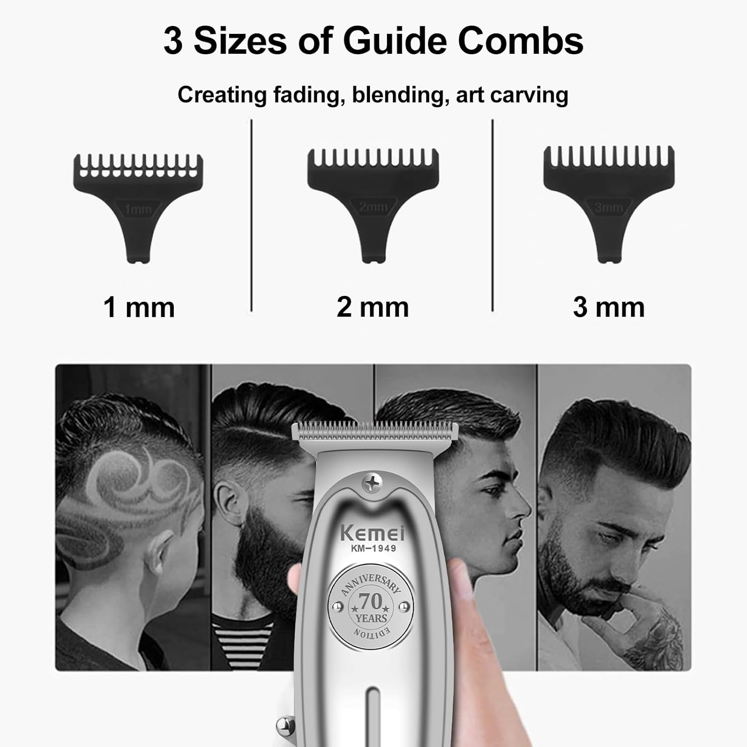 KEMEI Professional Hair Trimmer for Men Zero Gap Trimmer Electric Wireless Beard/Hair Trimmer Rechargeable Hair Cutting Machine for Stylists and Hairdressers Grooming Kit, Km-1949-Silver image number 6