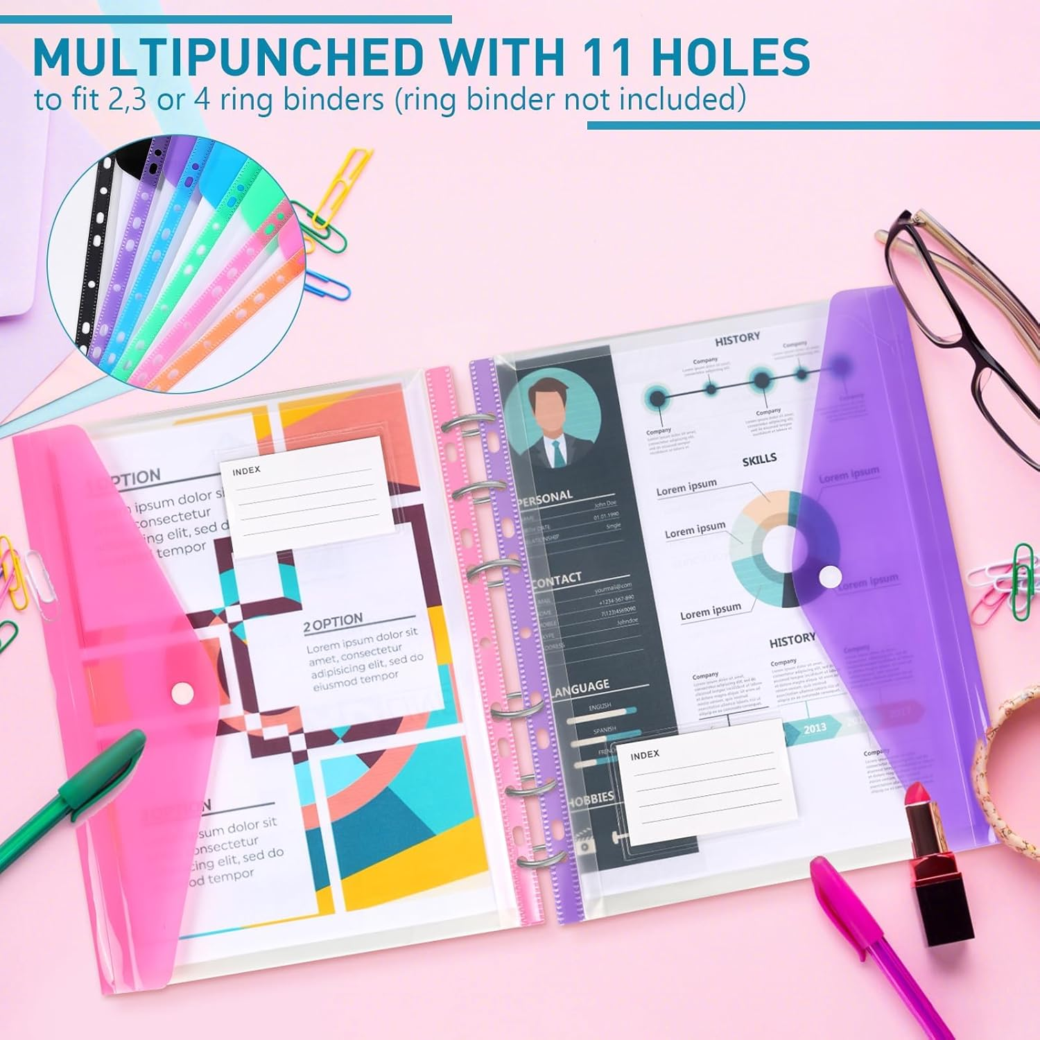 Plastic Wallets A4 Punched Pockets, 12 Pack 11 Holes Expandable Binder Folders for 2/3/4 Ring Document Pouch with Snap Button Label Loose-Leaf Transparent for Office School Home (Assorted Colours) image number 2