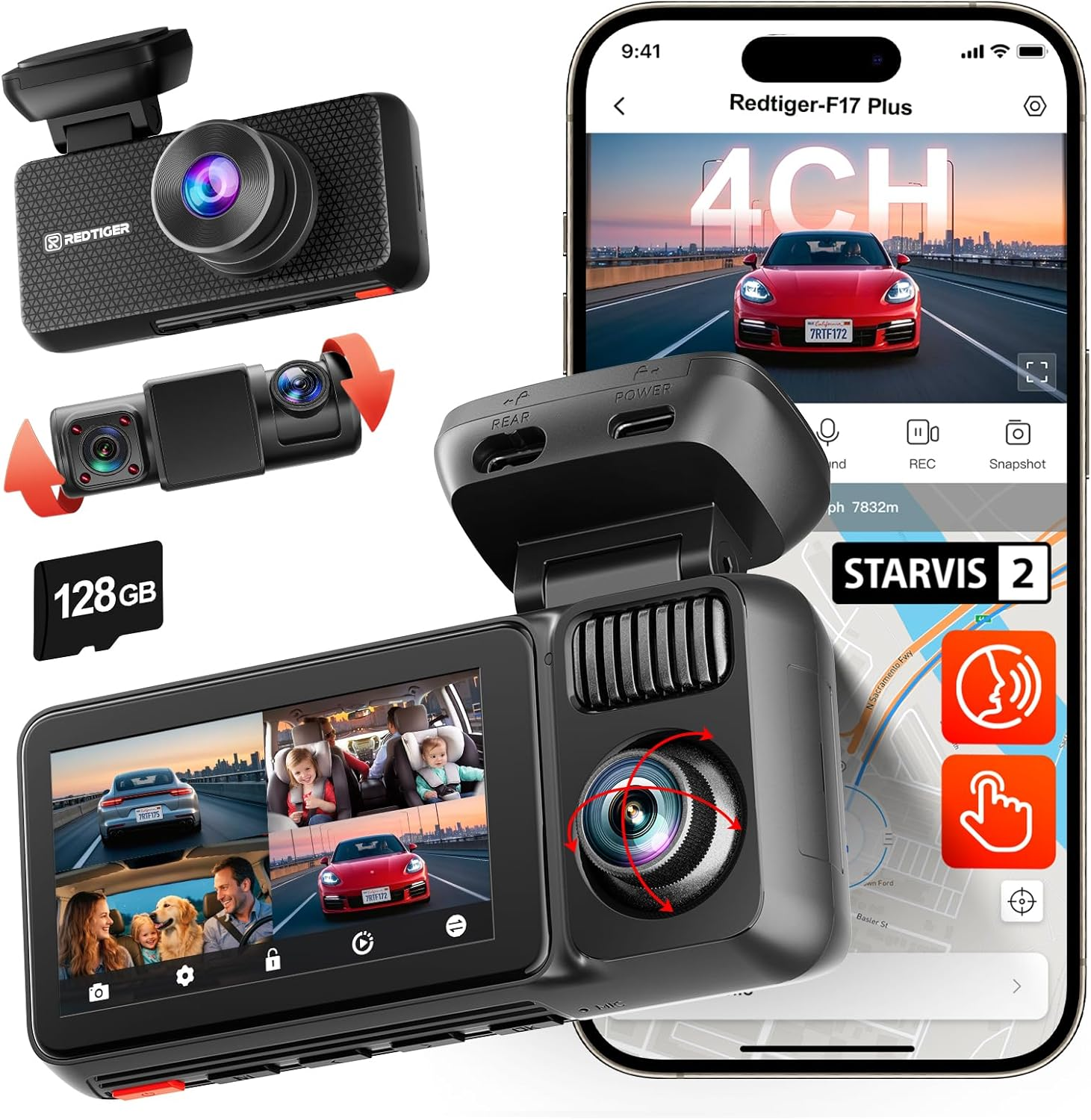 REDTIGER F17 plus 4 Channel Dash Cam 2.7K+1080P*3, STARVIS 2, 128GB Card, 360&deg; Front inside and Rear Cabin Car Camera, IR Night Vision, 5Ghz Wifi 6, GPS, Voice Control, Touch Screen, 24H Parking Mode image number 4