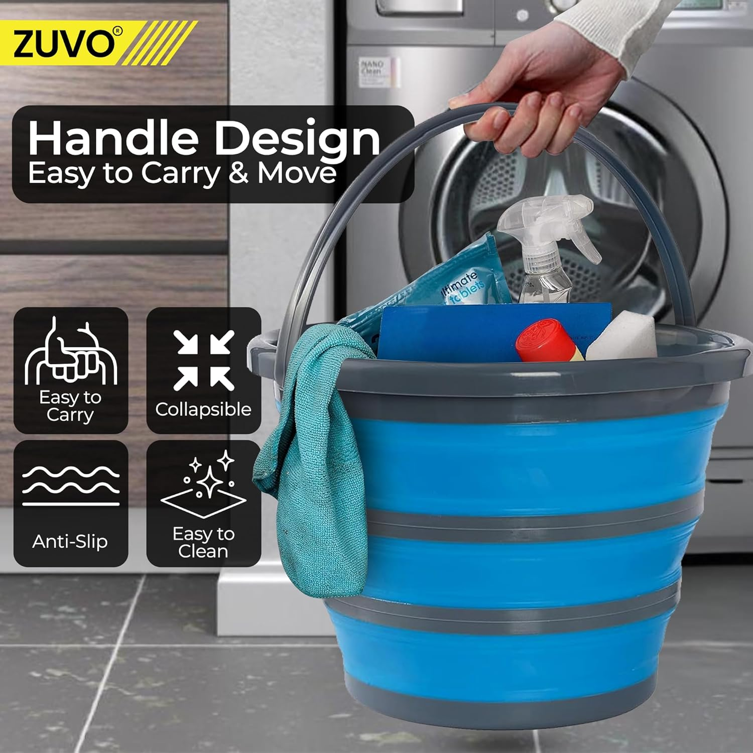 Zuvo Collapsible Bucket 10L, Silicone Folding Bucket, round Blue/Grey Mop Bucket for Cleaning Tools, Ideal for Travelling & Fishing, Space-Saving Design image number 1