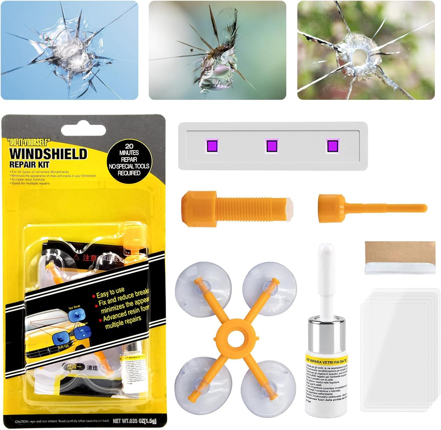 HAIKEYJO Windscreen Repair Kit for Point & Star Shape Damage, Windshield Repair Kit with Type-C Curing Light, DIY Glass Repair Kit image number 1