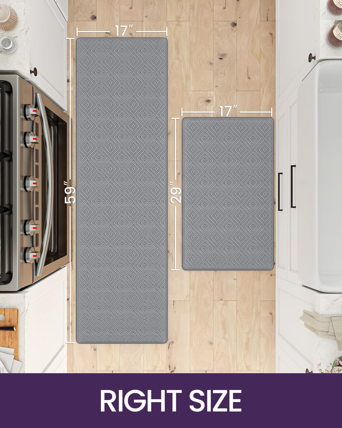 DEXI Kitchen Mats for Floor, Cushioned anti Fatigue, 2 PCS Rug Set, Non Slip Waterproof Comfort Standing Mat, 17"X29"+17"X59", Grey image number 2