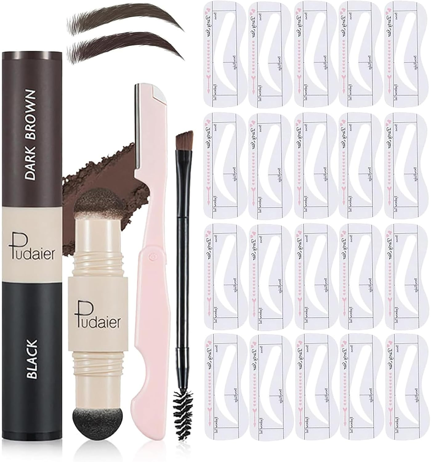 Brown and Medium Brown Eyebrow Stamp Stencil Kit with Dual-Color Eyebrow Stamp Pomade,20 Reusable Eyebrows Stencils, Brush, Razor, Waterproof Eye Brow Stamping and Shaping