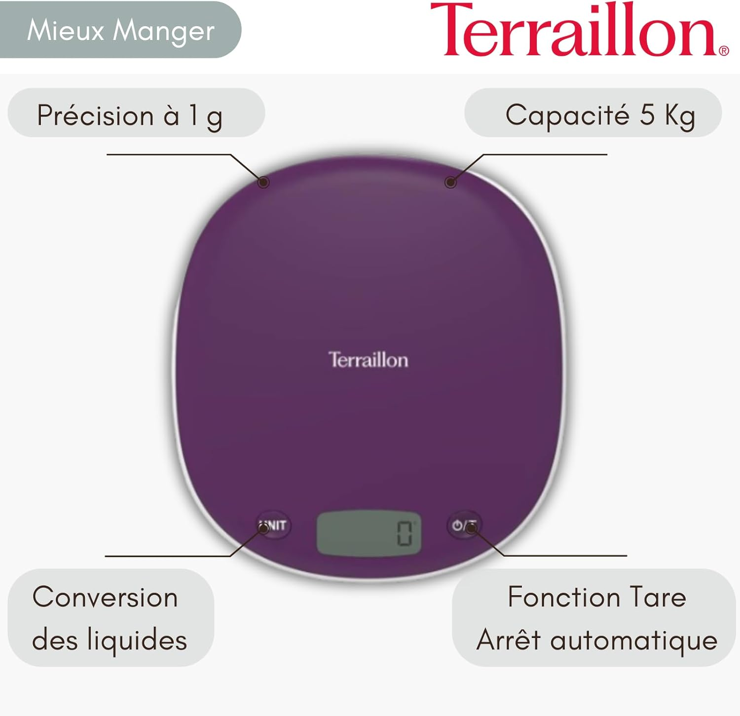 TERRAILLON Electronic Kitchen Scales - Tare Liquid Conversion, Integrated Handle, Weighing Range 5Kg, Accuracy 1G - Model 'Macaron INOX' Plum image number 3