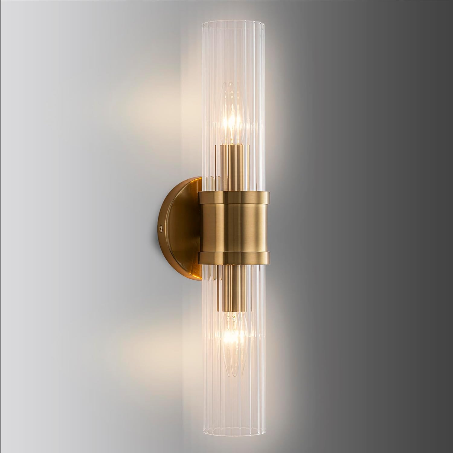FTL Gold Vintage Wall Sconces Lighting, 2-Lights Wall Lights Indoor Wall Lamp with Clear Striped Glass Lampshade and E14 Bulb Socket, Wall-Mounted Wall Lamp Lighting Fixture for Bathroom,Bedroom,Porch image number 2