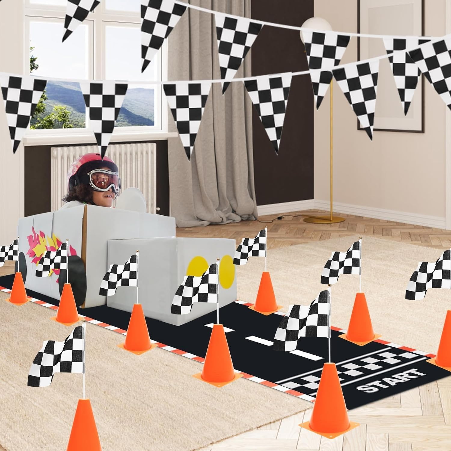 38 Pcs Checkered Flag Party Supplies Include 24P Racing Checkered Flags Hand Held 12P Traffic Cones,Floor Path for Race Track, Birthday Party Supplies, Kids Table Decoration image number 6