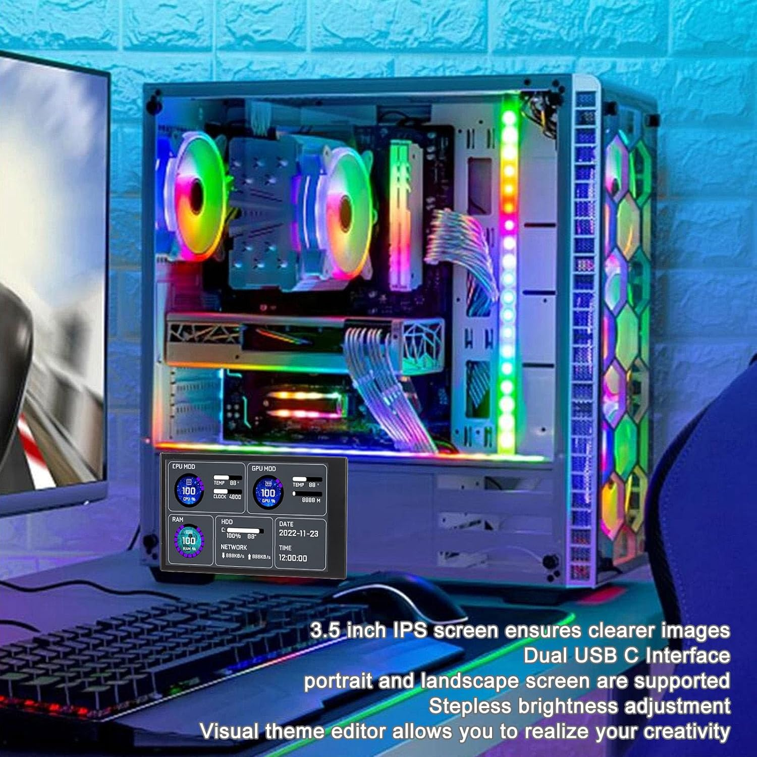 3.5 Inch IPS USB Mini Screen, PC CPU HDD Data Monitor, Computer Temperature Display, Type-C Sub Screen, Portable Small HD Monitor for System Desktop