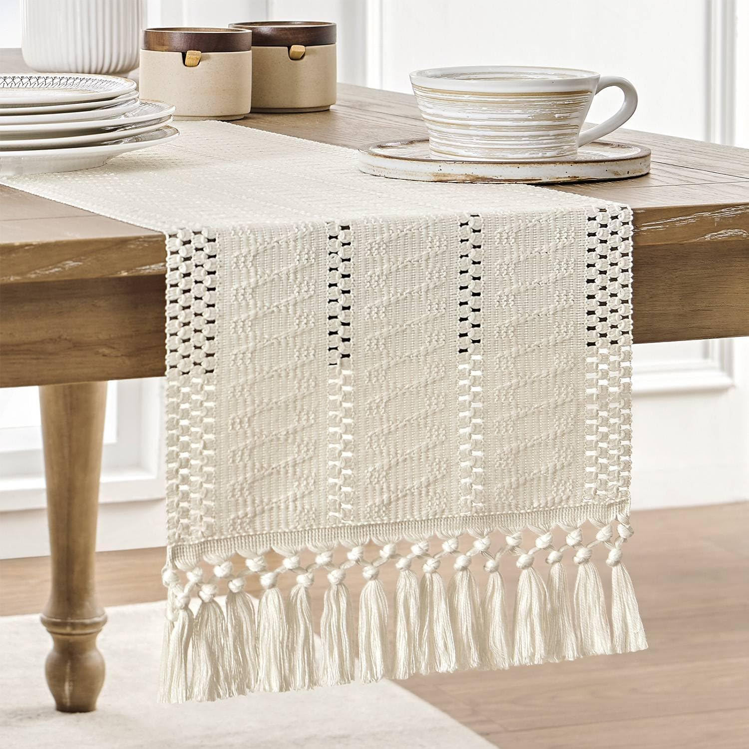 Heatunk Boho Macrame Style Table Runner - Ivory Woven Farmhouse Home Decor-Ivory(12*47 Inch)
