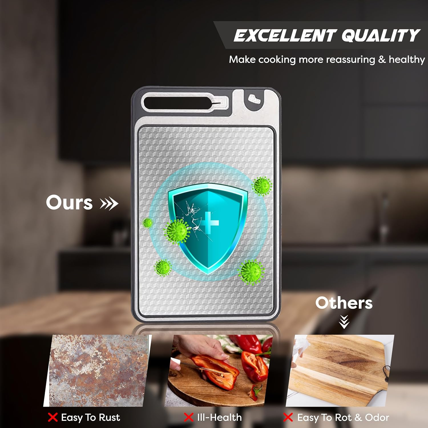 6-In-1 Stainless Steel Double-Sided Cutting Board with Knife Sharpener & Garlic Grinder &ndash; Non-Slip, Bpa-Free, Dishwasher Safe Chopping Board for Meat, Vegetables, Fruit, Bread &ndash; 37X25Cm image number 3