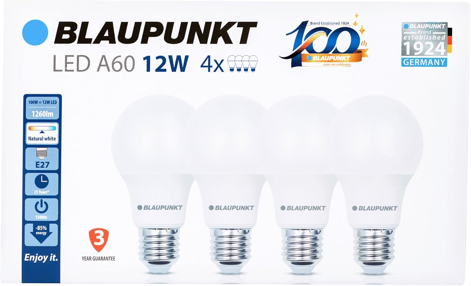 Blaupunkt LED Bulb E27 &ndash; Classic A60 &ndash; Daylight Lighting &ndash; 12W &ndash; Replacement of 86W &ndash; Frosted &ndash; Natural White 4000K &ndash; 1260 Lumens &ndash; Energy and Cost Saving Light &ndash; Class A+ &ndash; Pack of 4 image number 1