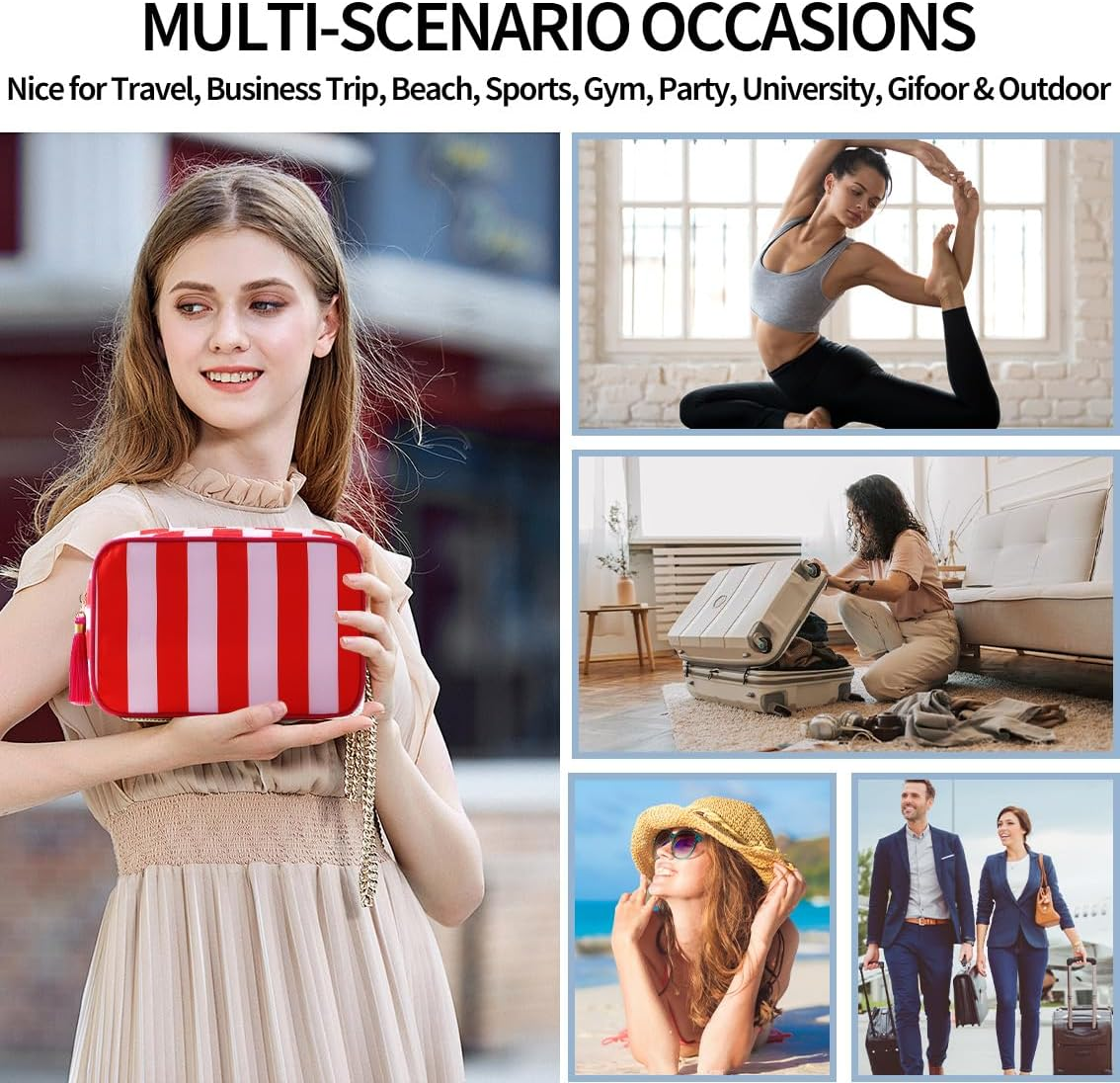 EMBRUNIOICE Stripe Makeup Bag Travel Cosmetic Bag Organizer Tassel Toiletry Bag Large Canvas Zipper Pouch and Accessories Storage Bag for Women, Red& Pink - Blue Bow image number 2