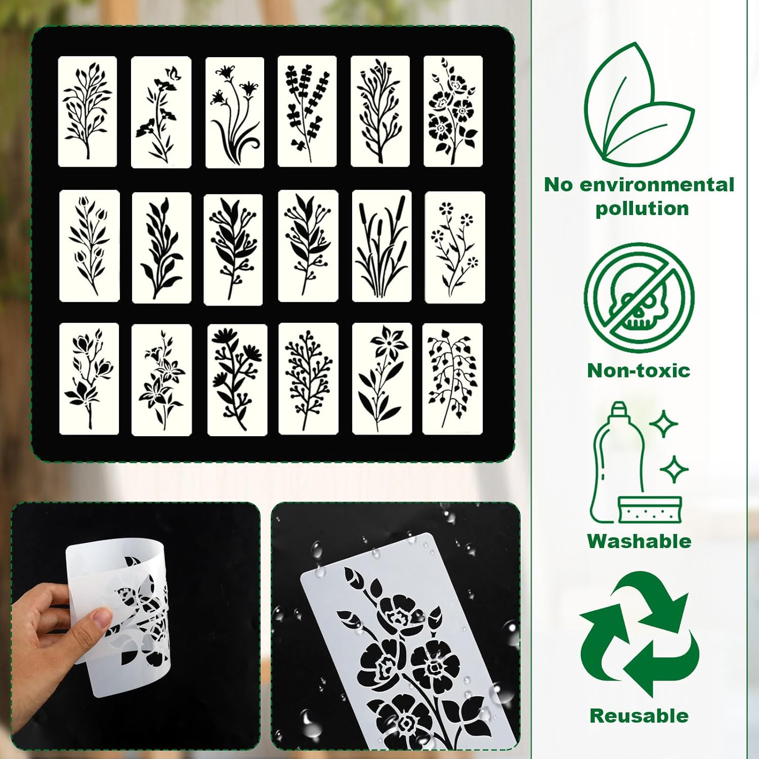 Gosknor 18Pcs Flower Stencils for Painting, Reusable Washable Floral Stencils Flower and Leaf Drawing Templates for Wall Art Wood Craft Spring Home Decoration