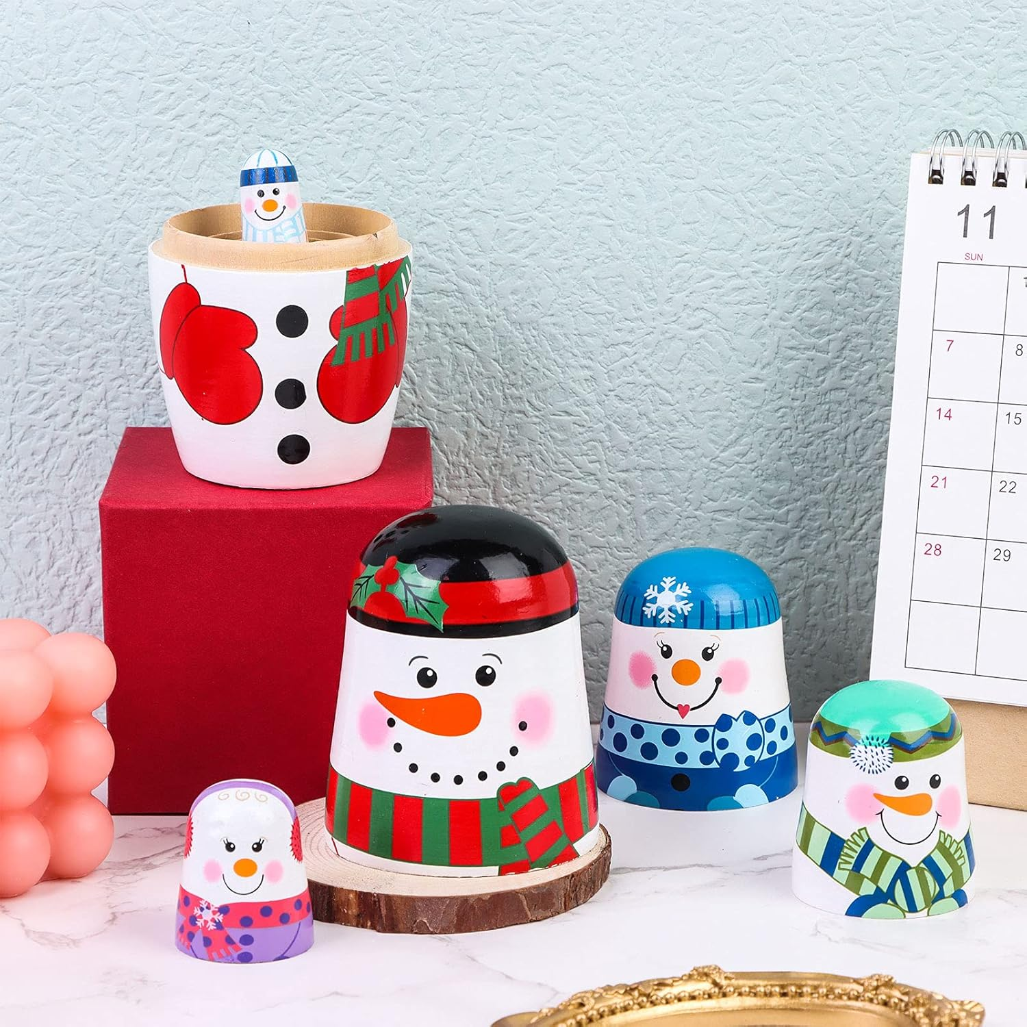 Russian Matryoshka 5 Pieces Snowman Nesting Dolls Hand Painted Figurines Wooden Stacking Dolls for Birthday Party Home Decoration, Children Kids Christmas New Year Toy image number 1