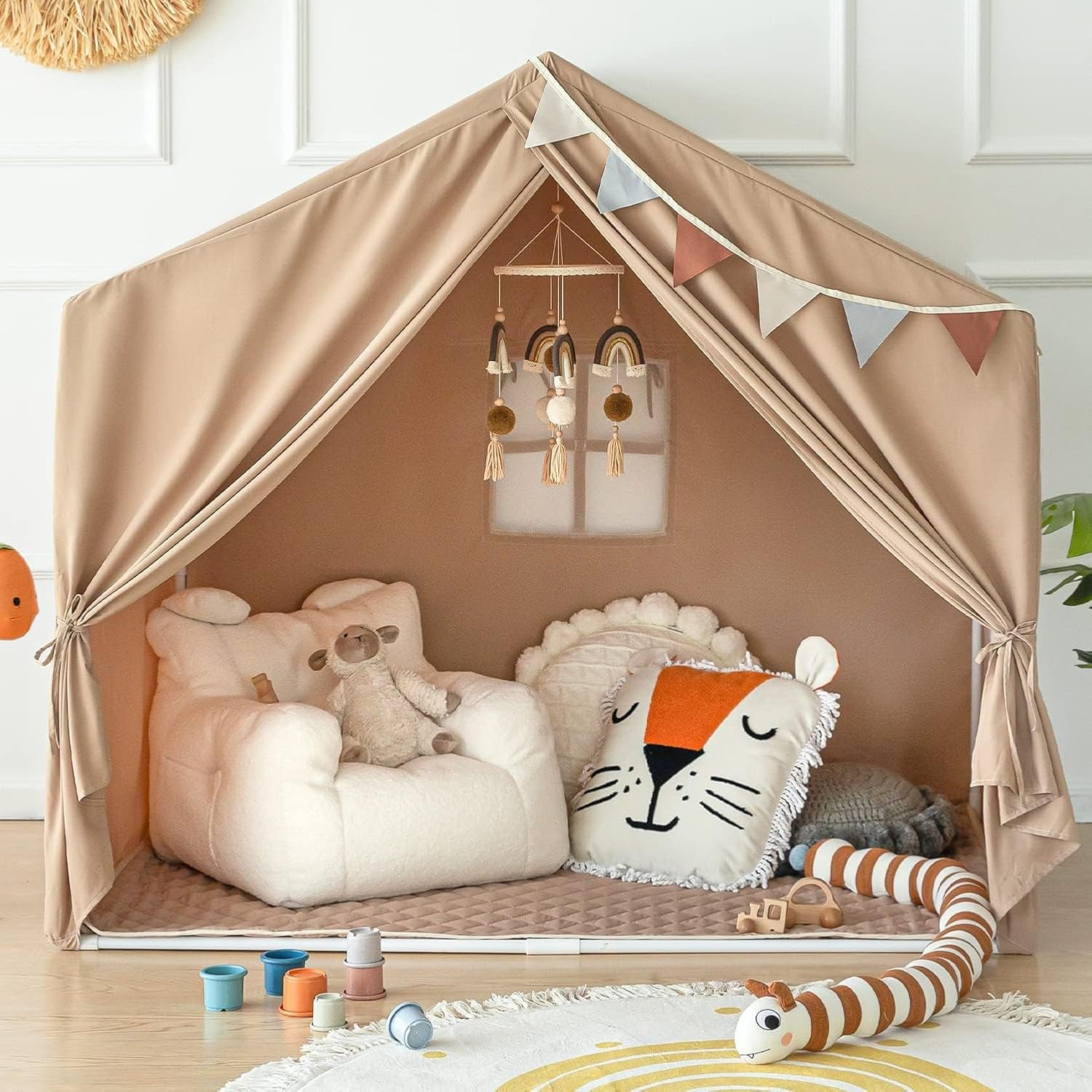 Kids Play Tent with Mat, Large Play Tent Indoor with Star Lights and Windows, Playhouse for Boys and Girls Aged 3+, Kid Tent with Mat Washable (Beige) - Beige image number 4