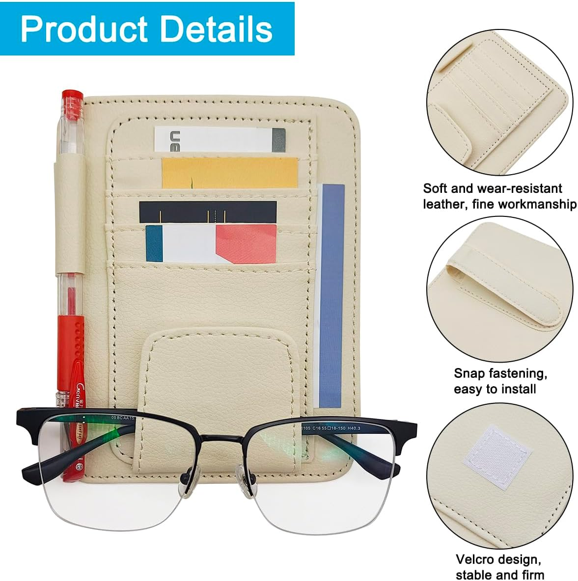 SENHAI Car Sun Visor Organizer for Car, 2 Pcs Small Leather Car Card Sleeve Pocket Organizer, Car Visor Organizer Storage Pouch for Hold Card, Sunglass Holder, Pen (Beige & Black) image number 3