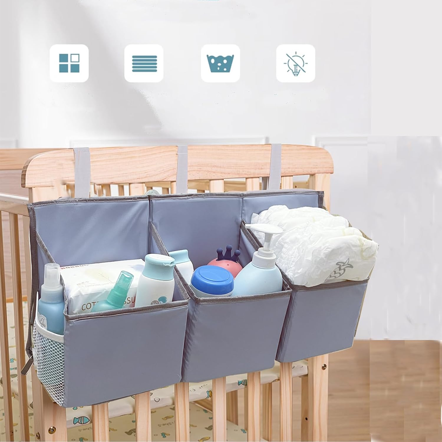 Hanging Diaper Caddy Organizer Sturdy with Hoop and Durable Baby Organizer &ndash;Diaper Stacker for Changing Table, Crib, Playard or Wall-Grey image number 6