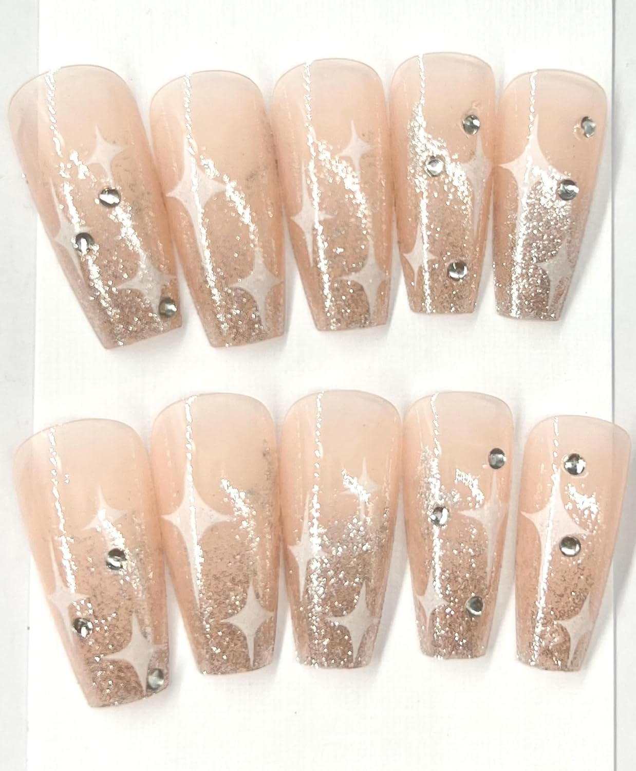 Pushnposh Premium 24PCS Press-On Nails Set &ndash; Long Length Neutral Pink Full Cover with Diamond and Stars for Women and Girls