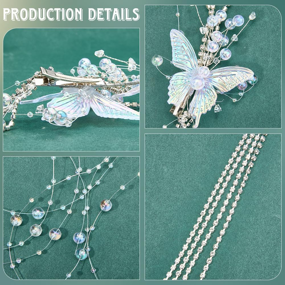 CABODYALS Set of 2 Butterfly Tassels Hair Clips with White Pearls Rhinestone Crystal Beads Decorative Hair Pins for Weddings Hair Clips Jewellery Set for Women Bridal Shower Wedding Dresses Cosplay image number 1