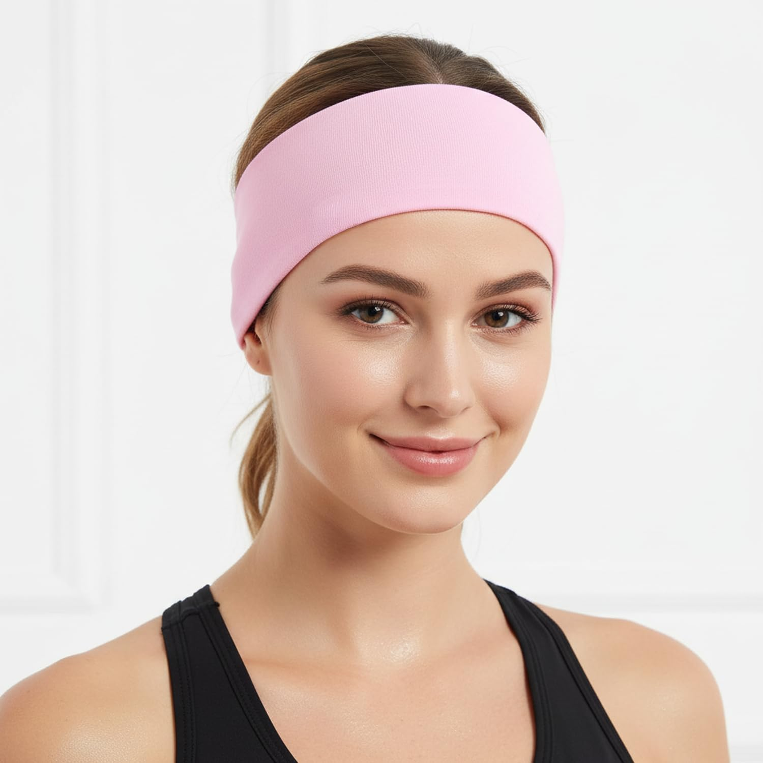 Wide Headbands for Women & Men 5Cm Sweatbands for Sports Yoga Running, Stretchy Soft Headband 5Cm Wide 20Cm Long Stretches to 35Cm for Gym Workout, 2 Pack Hair Bands in Pink & Green - Orevan - Light Pink image number 5