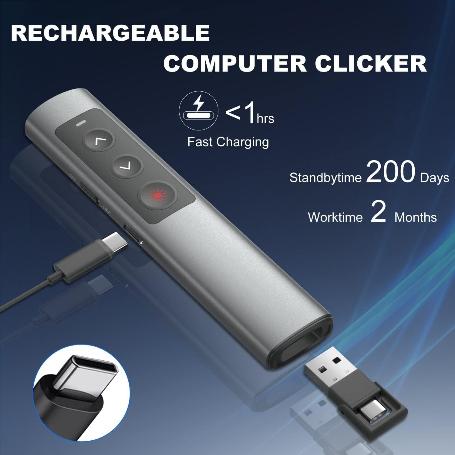Rechargeable Presentation Clicker for Laptop Powerpoint, USB-A USB-C Presentation Pointer, Wireless Presenter Remote Power Point Clicker for Computer/Mac/Ppt/Google Slide Advancer(Red Light) image number 1