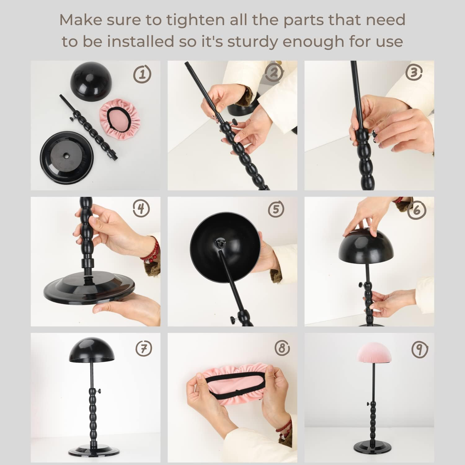 Lightmay Wig Stand - 2 Packs Portable Foldable Wig Hat with Velvet Cover Holder, Height Adjustable (12-18.8 Inches), Easy to Install, Black Plastic image number 5