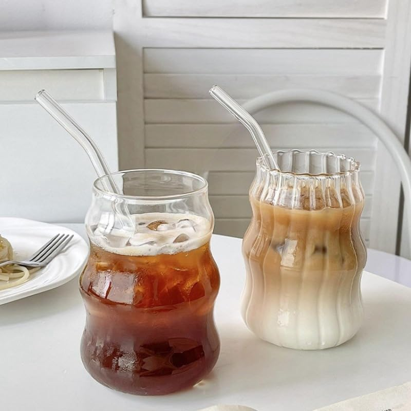 Glass Tumbler with Glass Straw, Iced Coffee Cups Reusable, Can Be Used as Beer Mugs, Milk Mug, Cocktail Cup, Retro Cloud Mug,Coffee Mug,Clear Drinking Cup Set image number 5