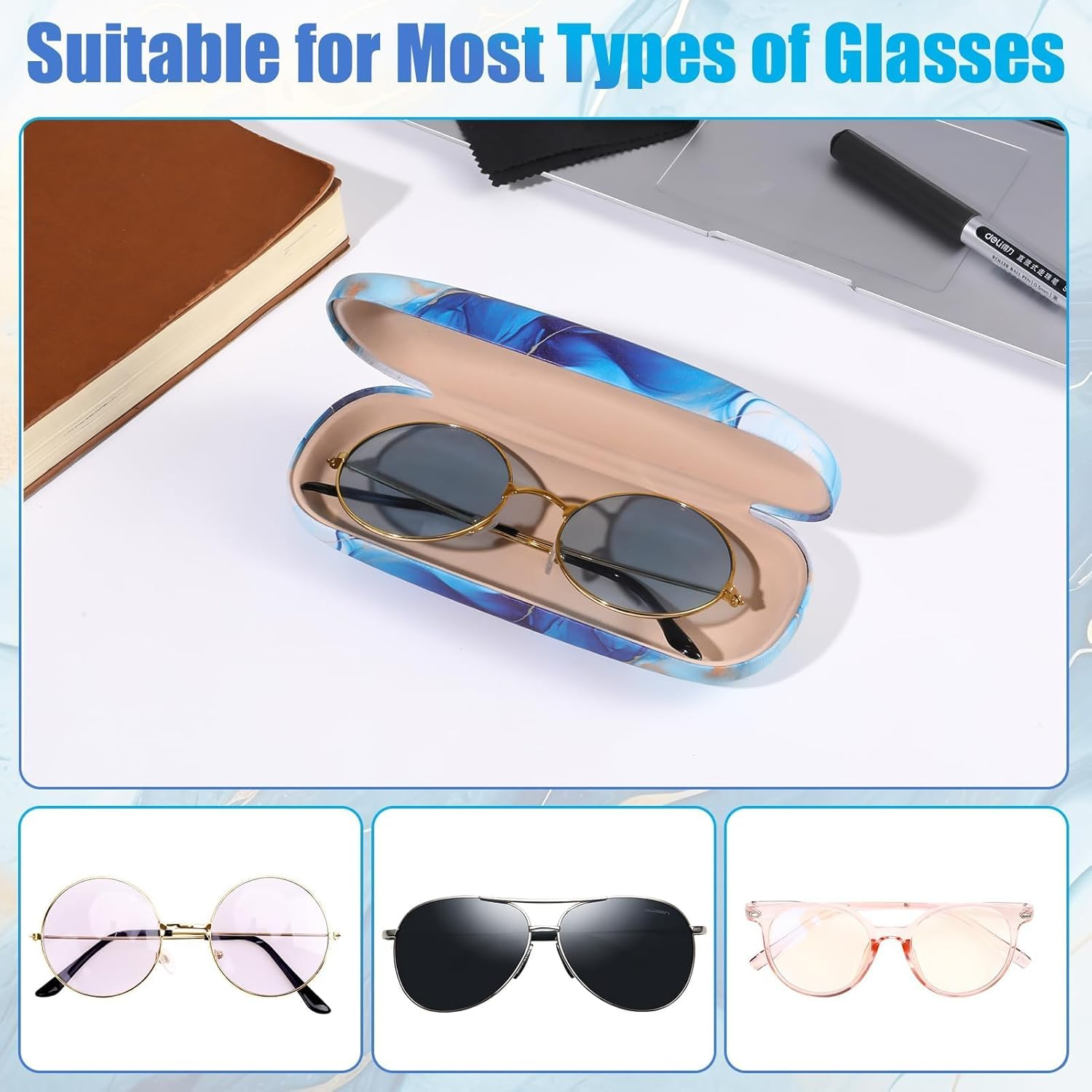 Premium Hard Sunglasses Case,Hard Shell Eyeglasses Case PU Leather Protective Glasses Cover Eyeglass Holder Box Includes Cleaning Cloth and Pouch- Men'S & Women'S Case - Light Blue image number 7