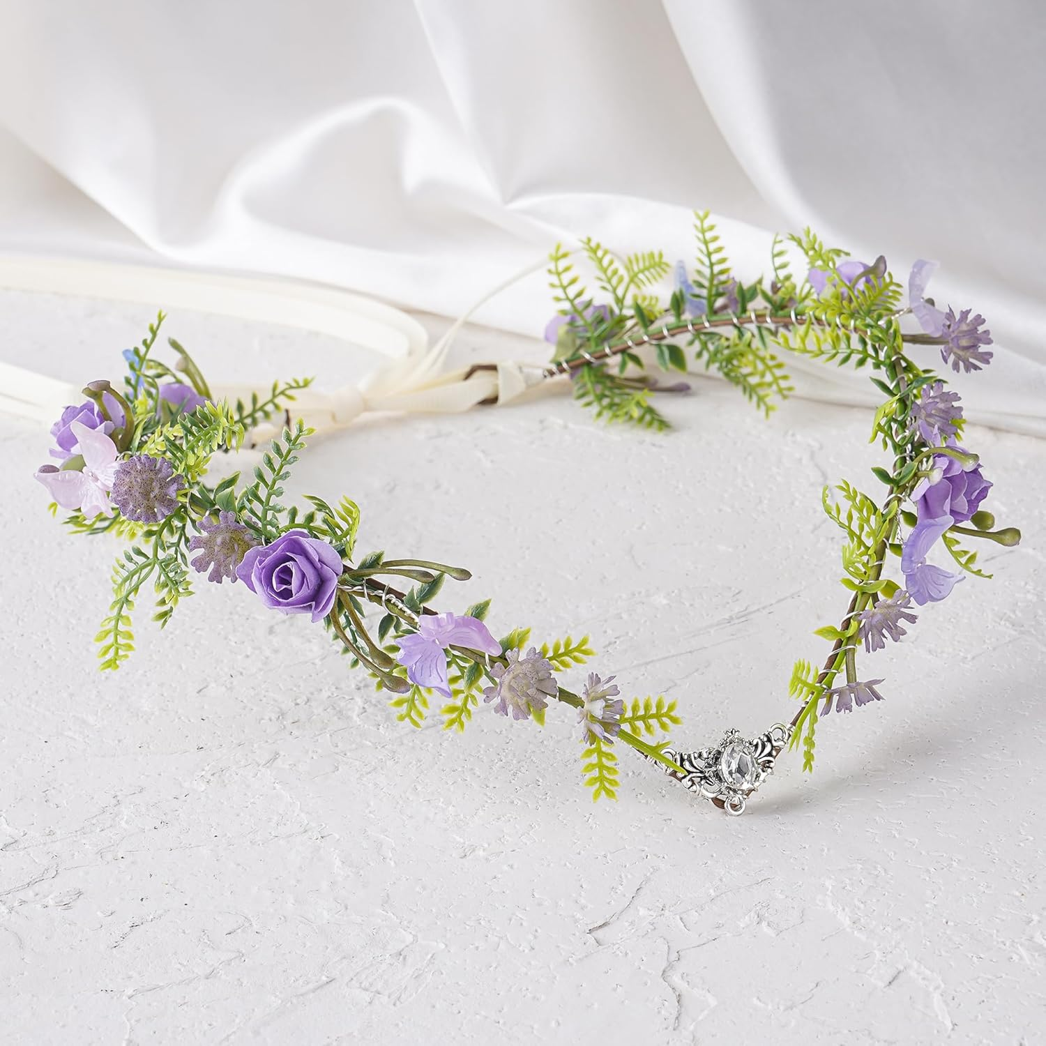 MOSTORY Purple Elf Crown for Wedding Women Floral Fairy Headpiece with Butterflies for Renfaire Woodland Fairy Costume image number 4