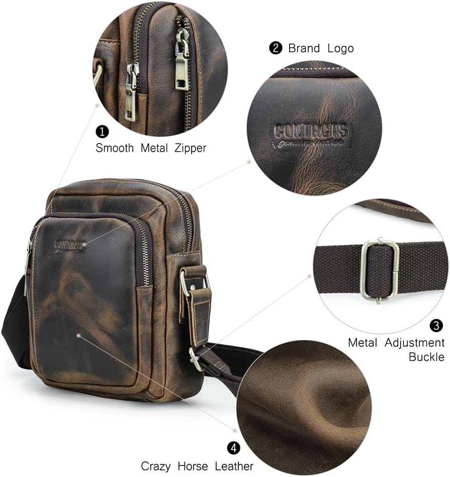 Contacts Crazy Horse Leather Small Messenger Bag for Men 7.6"X8.6" Crossbody Shoulder Bag Travel Ipad Sling Purse Brown Side Bag, Dark Brown image number 6