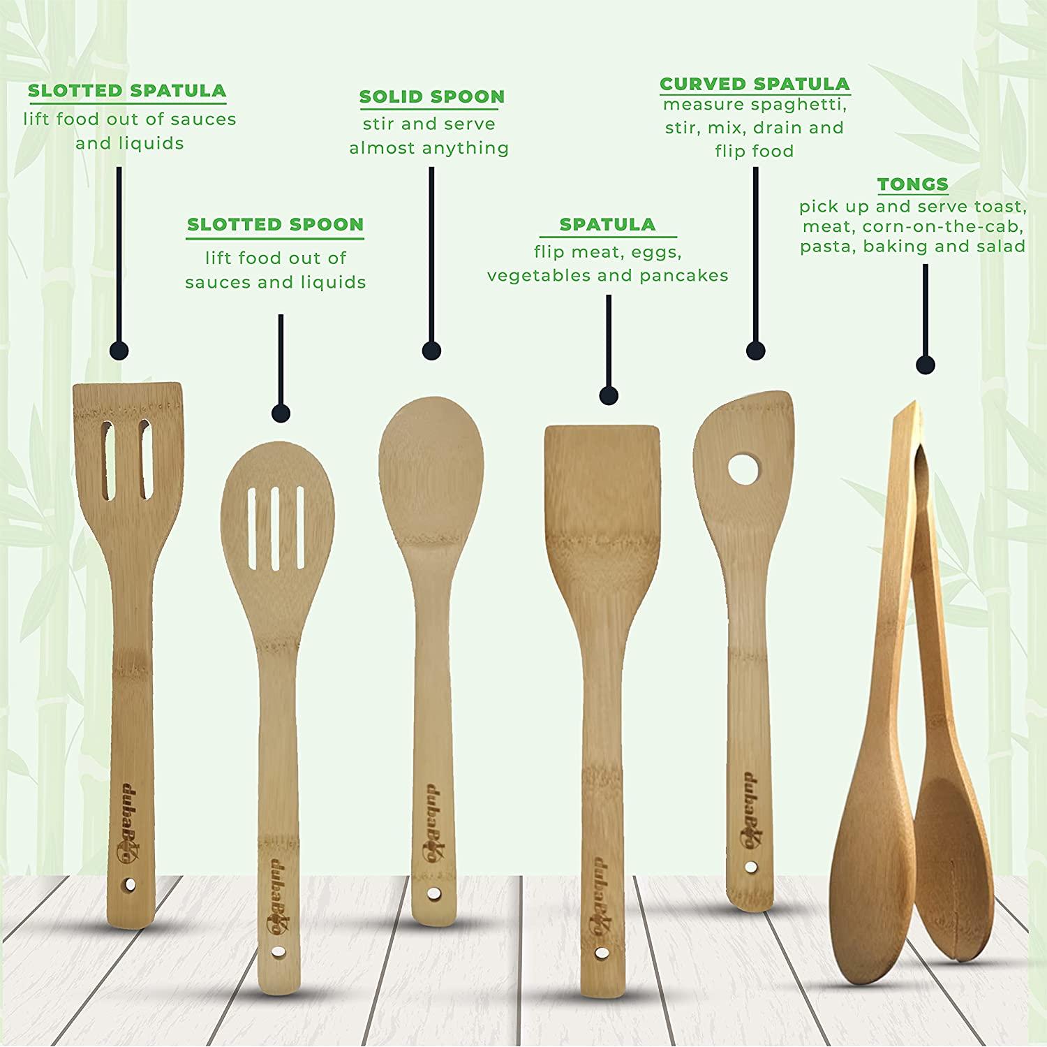 Wooden Spoons Dubaboo for Cooking 6-Piece Bamboo Utensil Set Apartment Essentials Wood Spatula Spoon Nonstick Kitchen Utensil Set Premium Quality Housewarming Gifts Wooden Utensils for Everyday Use image number 2