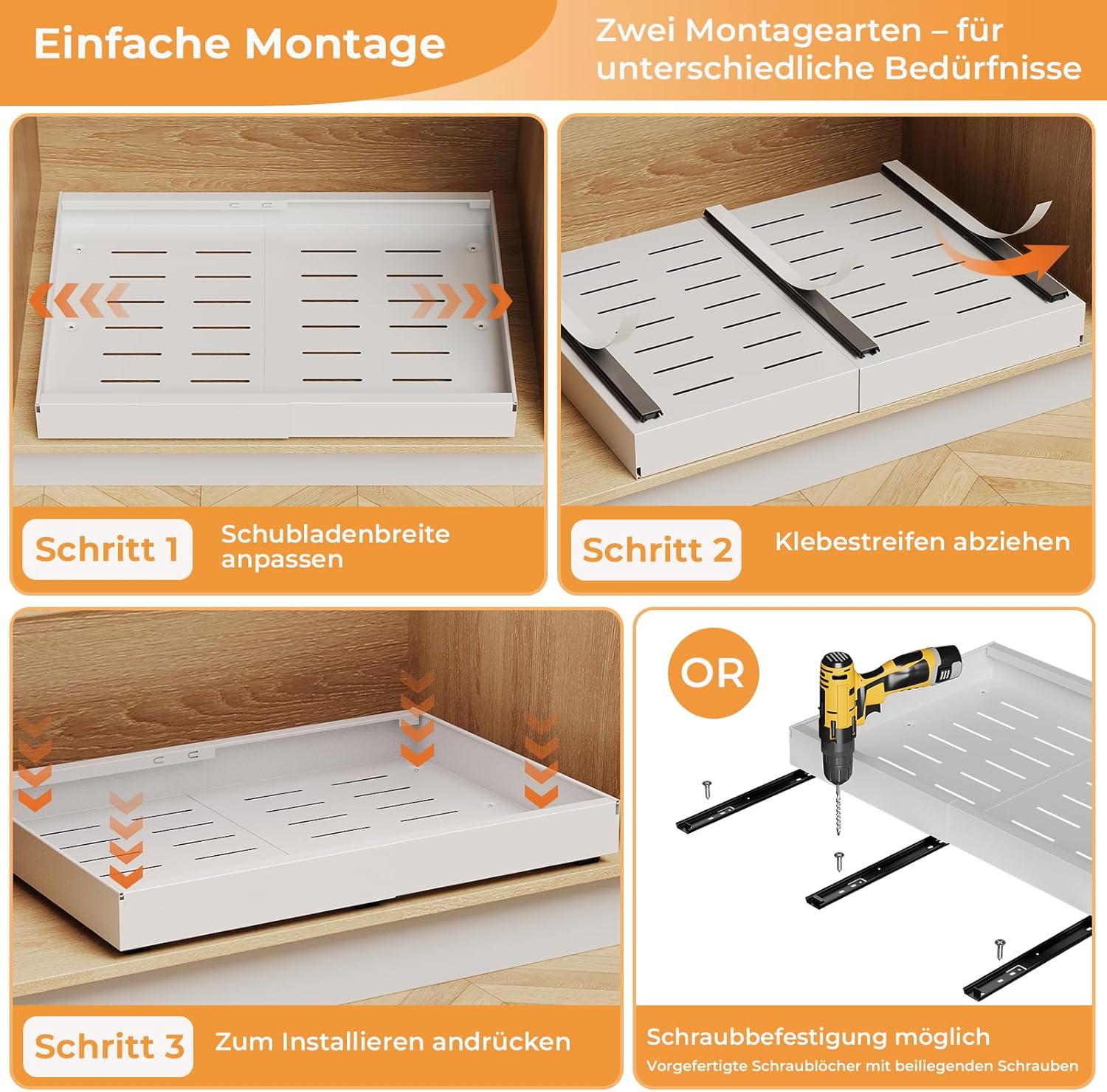 Casgee Pack of 4 Telescopic Drawers, Extendable Kitchen Drawer, Width 32-52 Cm, Extendable Cupboard Organiser with Rail System, Stick Slide Out Pull-Out Kitchen Cabinet for Kitchen Organisation, White image number 2