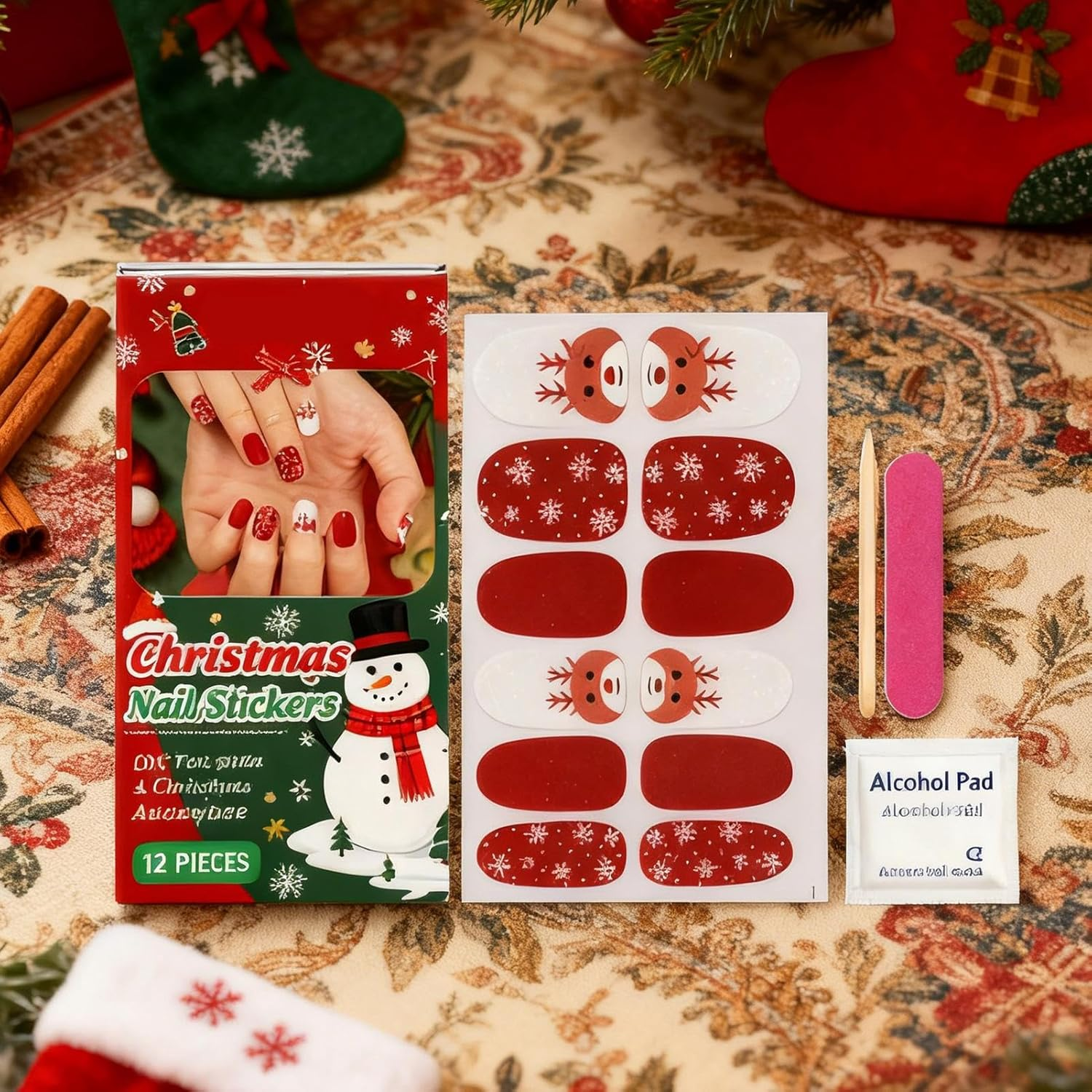 Christmas Nail Wraps | Glitter Art Decal,Snowflake Elk Design Gel Nail Wraps with File and Stick,For Holiday Winter Home Party Salon image number 6