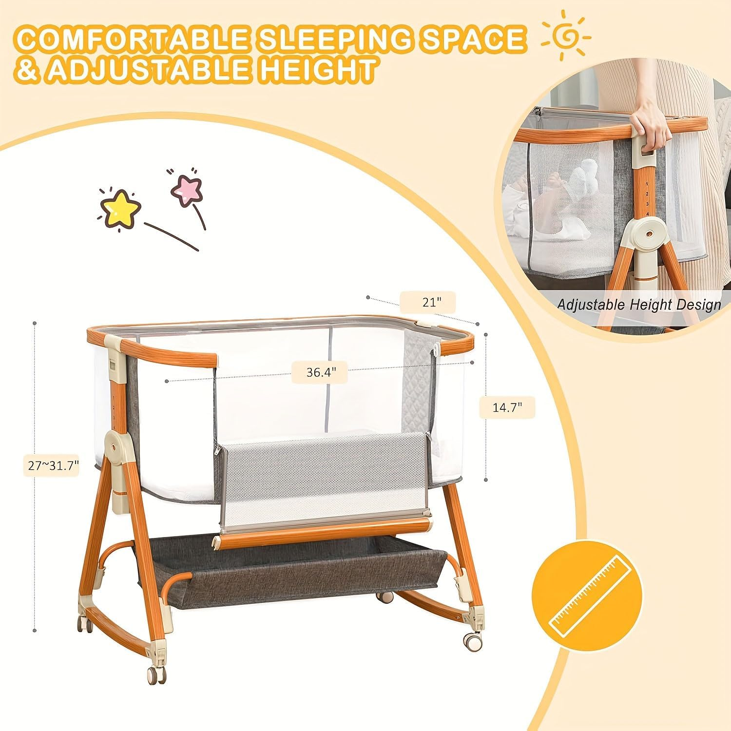 Baby Bassinet, Bassinet Bedside Sleeper Co-Sleeper with Adjustable Height, 4-Sided Mesh Baby Crib with Wheels and Storage Basket for Newborn 0-6 Months (Grey) image number 4