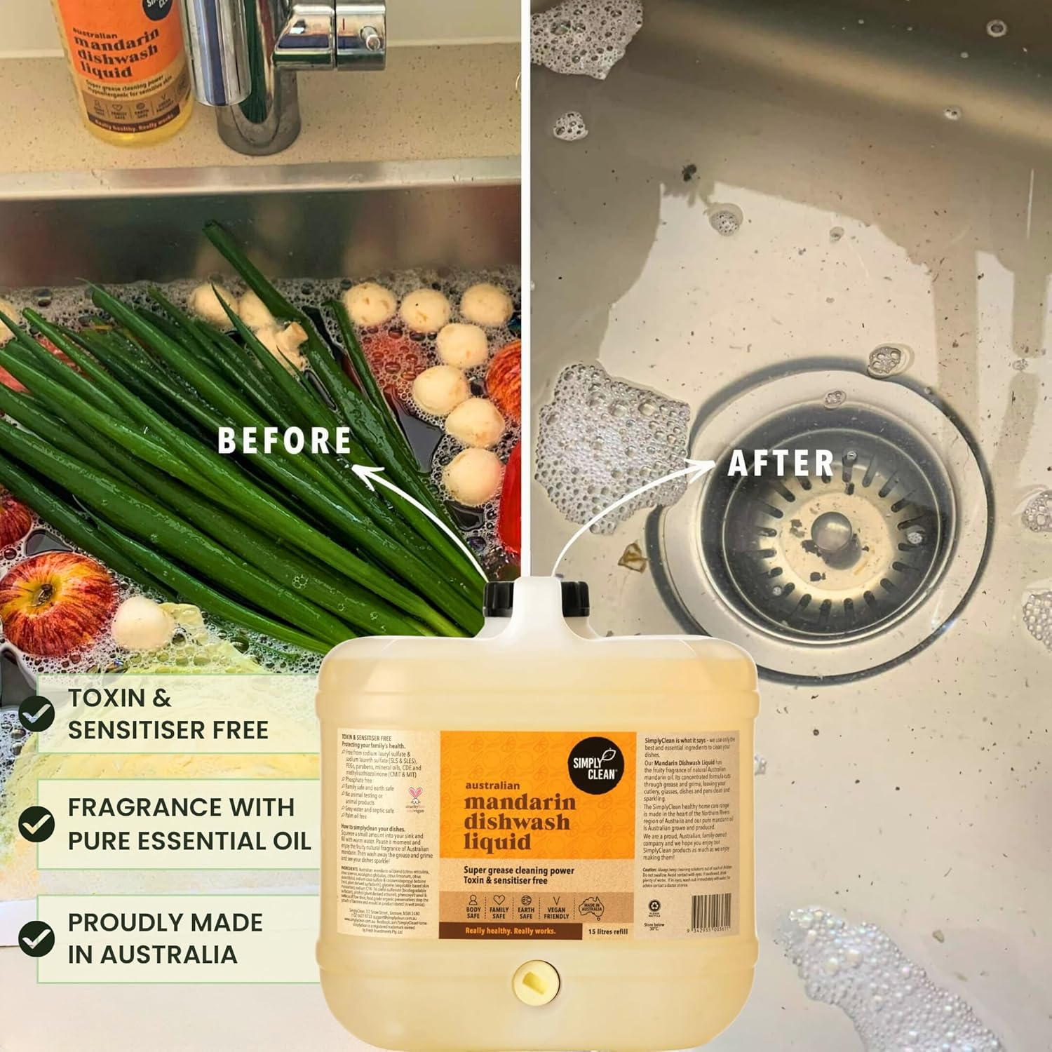 Simplyclean Mandarin Dishwash Liquid - Natural Dish Soap with Pure Australian Mandarin Essential Oil - Concentrated Grease Cutting Formula - Gentle on Skin - 15 Litres image number 5