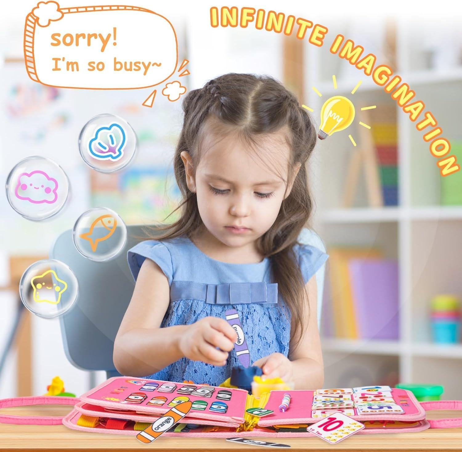 Busy Board for Kids Toddler Sensory Toys Educational Busy Book Sensory Activity Developing Board Montessori Toy Preschool Quiet Book for Airplane and Car Travel Ages 3 4 5 Year Old Girls Boys (Pink) image number 4