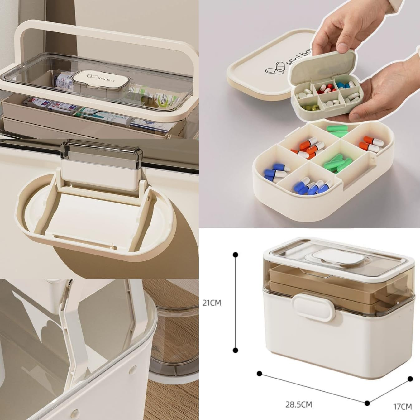 Household Medicine Cabinet/Box with 7 Day Large Pill Organizer (Three Times-A-Day) and Six Grids Pill Organizer-Three-Tier Storage Area,Large Capacity image number 3