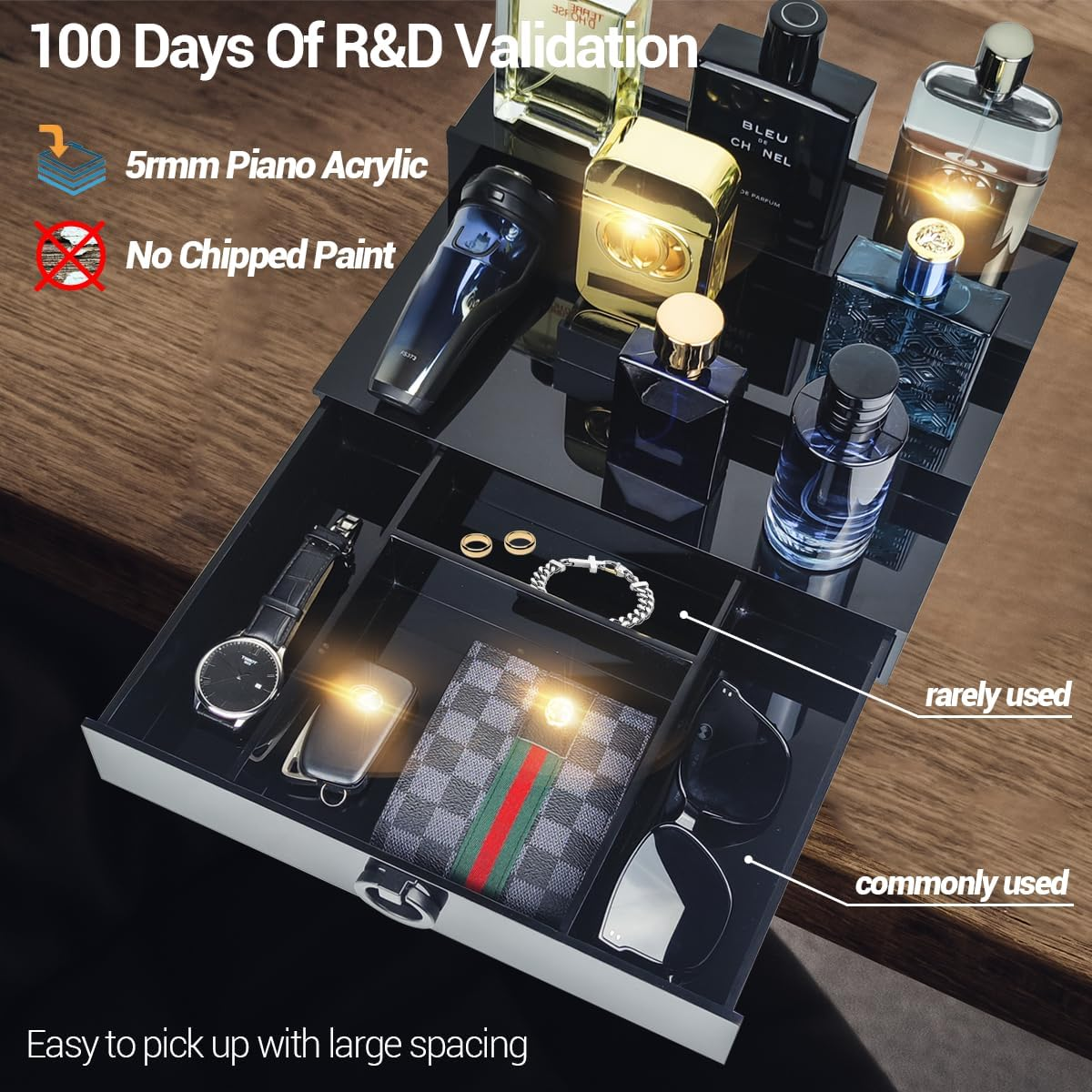 GOH&FTY Cologne Organizer for Men,3 Step Arylic Waterproof Black Cologne Stand with Drawer and Secret Compartment,Perfume Cologne Holder Tray Display Shelf as a Gift for Men in Dresser,Bedroom image number 3