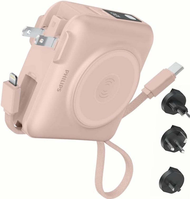 PHILIPS Power Bank Wireless 10000Mah 22.5W Powerbank Built-In Cable 10 in 1 Portable Battery Pack, Magnetic Universal Travel Fast Charging Adapter (UK,EU,AU) Compatible with Magsafe Iphone 17 Air Mblk