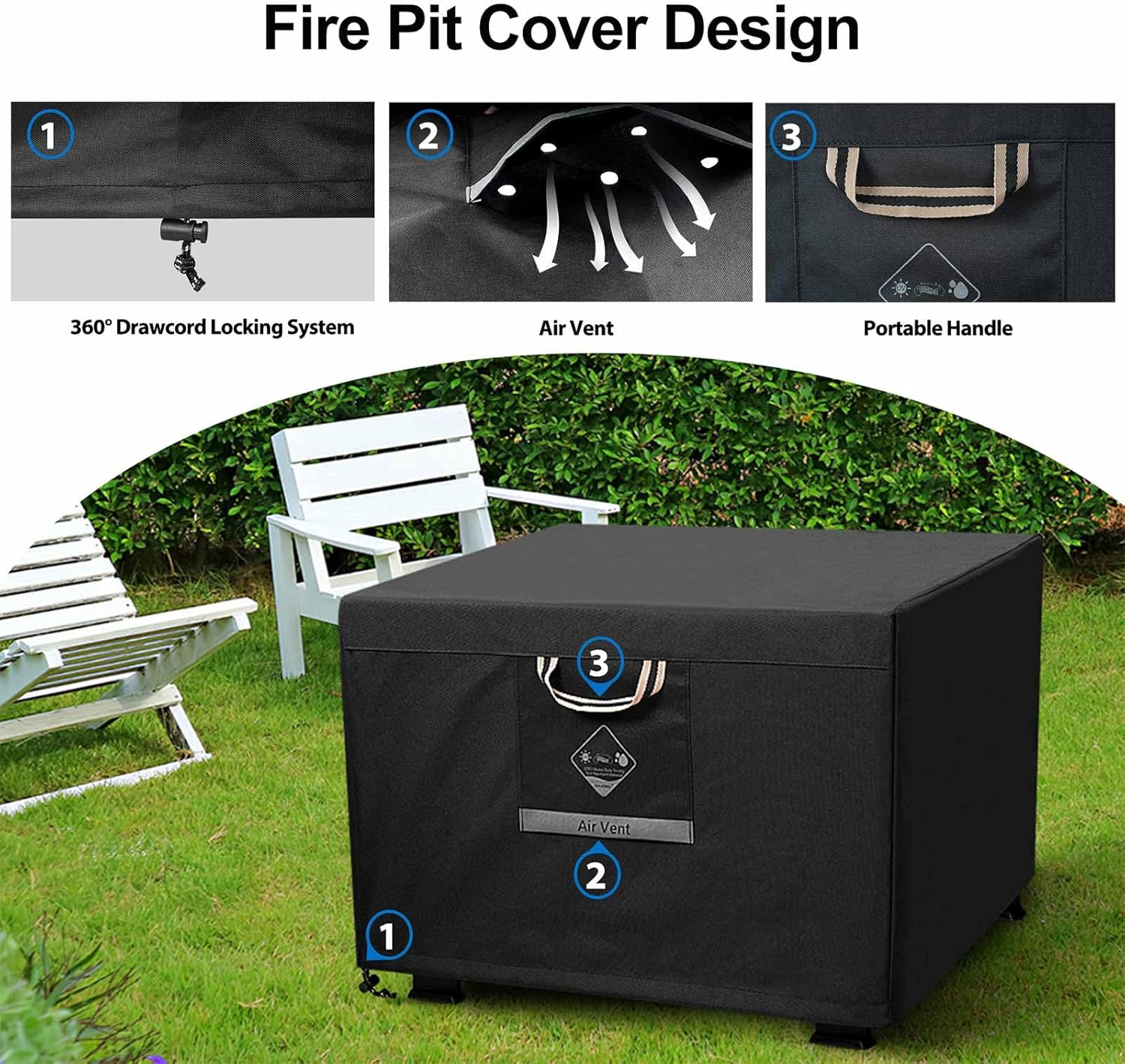 QH.HOME Fire Pit Cover Square Heavy Duty Fabric 100% Waterproof, Fits Outdoor for 29&rdquo;,30 Inch,31 Inch,32 Inch Fire Pit/Table Cover,Gas Fire Pit Cover (32&rdquo;L X 32&rdquo;W X 24&rdquo;H,Black) image number 6