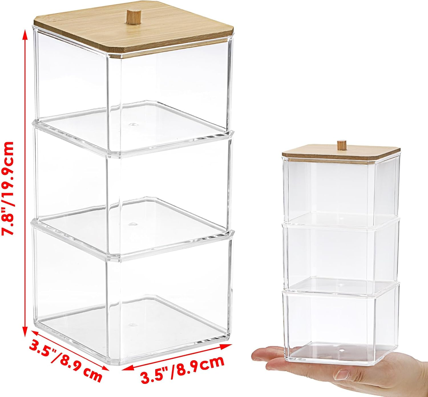 BTSKY Clear Stackable Paper Clip Holder with Bamboo Lid 3-Layer Paperclip Box Thick Acrylic Office Supply Accessory Organizer Square Small Storage Holder Cute Qtip Holder for Office Bathroom Vanity image number 1