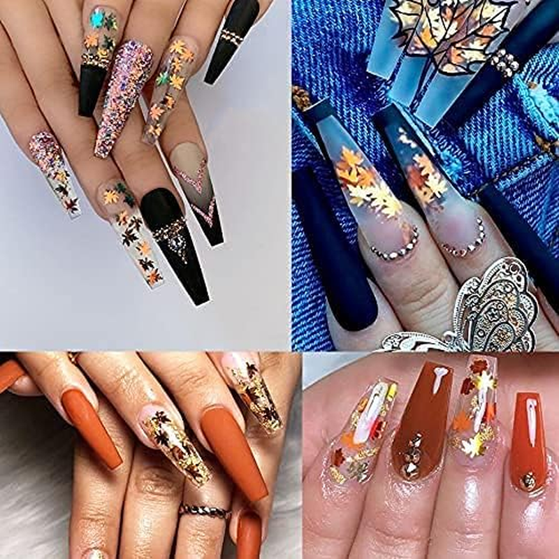 Nail Art Holographic Glitter Fall Maple Leaf Shaped Flakes 2 Pot,Red Yellow Orange Glitter Sequins 3D Mixed Metallic Maple Glitter Nail Art Design Spangles for Acrylic Nail Kit Manicure Decorations image number 3